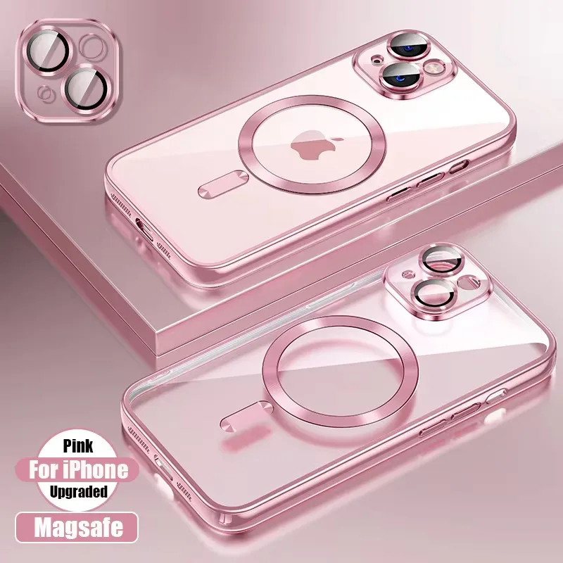 Clear Plating Ultrathin Silicone Case For iPhone 16 15 14 13 12 11 Pro Max 16 Plus Magsafe Magnetic Lens Film Protect Cover Pink - náhled 6
