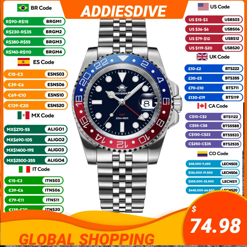 Ceramic Link Bracelet - ADDIESDIVE AD2050 Luxus GMT-Uhr aus Edelstahl