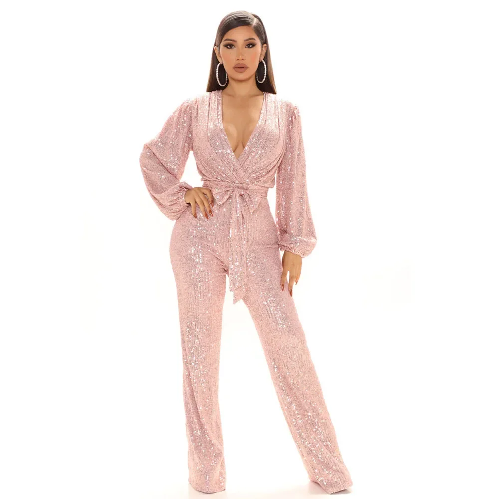 Prowow Fashion Sequined Women Jumpsuits with Belt Sexy V-neck Female Birthday Party Wear High Quality One-piece Romper Clothing