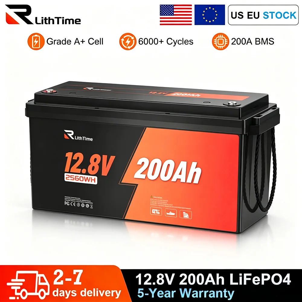 RVLithTime 12V 200Ah LiFePO4 Battery 2560Wh with 200A BMS,  Low-Temperature Protection, IP65, 6000+ Deep Cycles Lithium Battery For RV, Vans, Trolling Motor, Off-grid, Solar Energy Storage, 5-Year Warranty