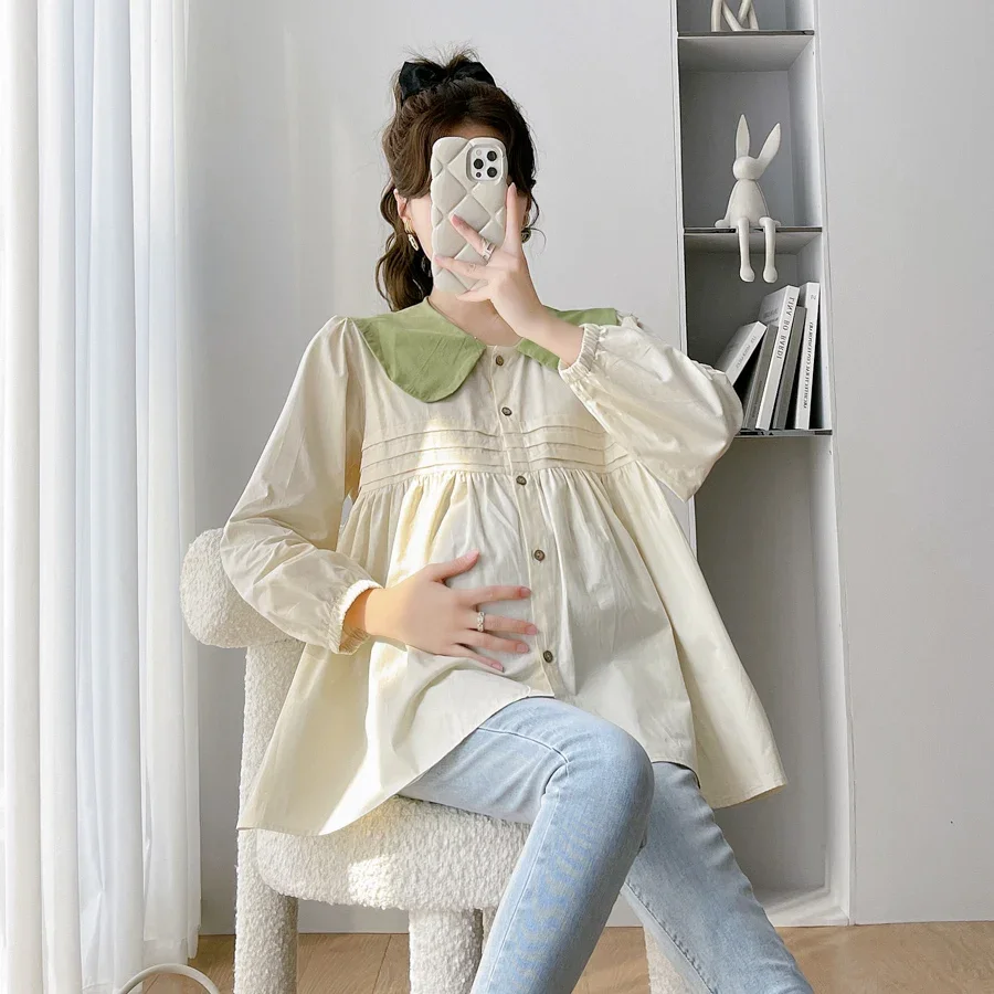 

2024 Autumn Pregnant Woman Shirts Long Sleeve Peter Pan Collar Block Color Fashion Maternity Blouses Pleated Pregnancy Top Shirt
