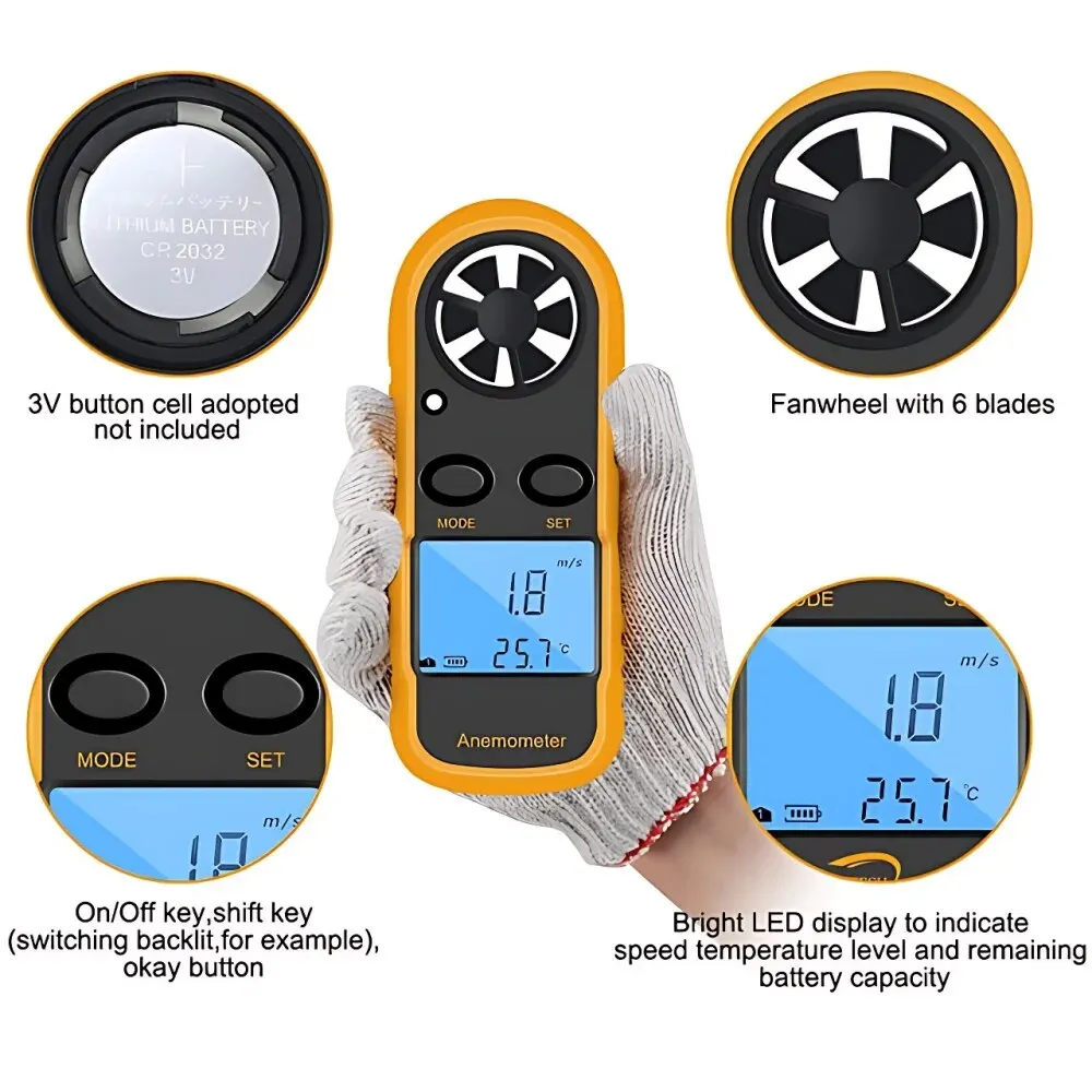 Digital Anemometer Pocket Smart Anemometer Air Wind Speed Scale Accurately Measure Wind Speed & Temperature