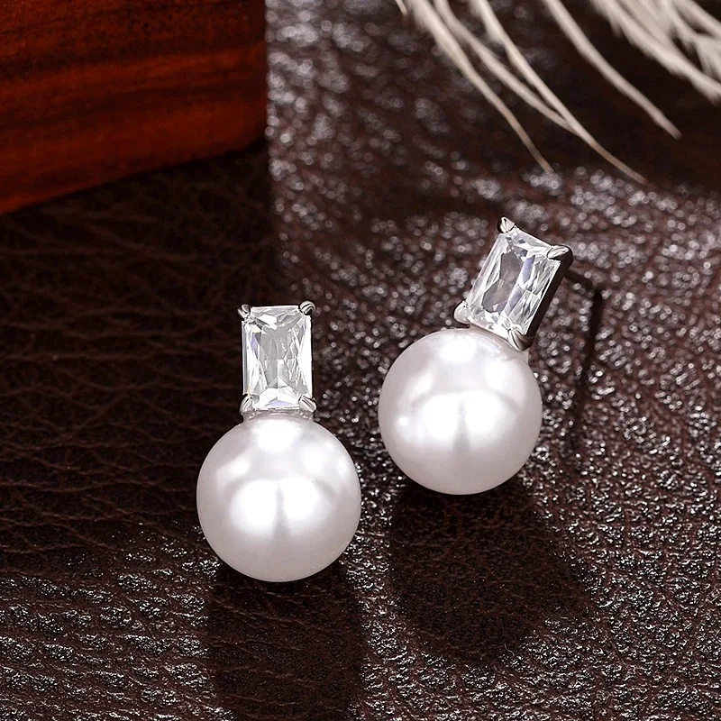 Delicate 925 Sterling Silver Imitation Pearl Earrings Square Zircon Bride Wedding Accessories Ear Trendy Women Jewelry