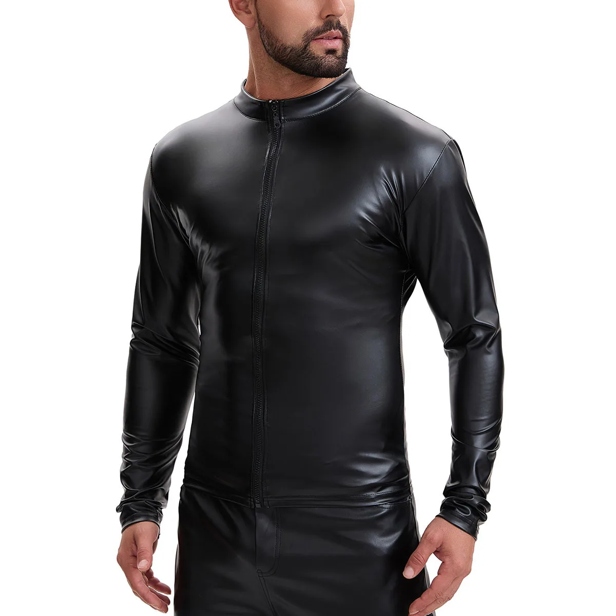 European And American Men's Matte Leather Jacket Full Zipper Slim-fitting Long-sleeved Locomotive Jacket Stand-up Collar Casual