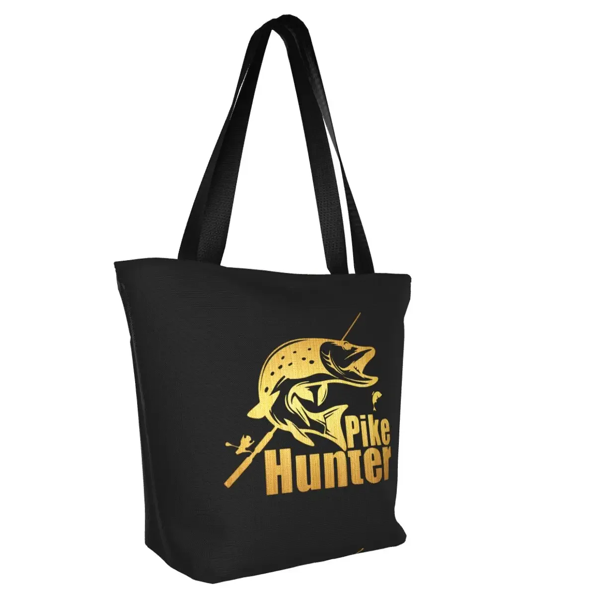 Pike Hunter Fish Groceries Tote Shopping Bag Women Custom Fishing Fisherman Canvas Shoulder Shopper Bags Big Capacity Handbag