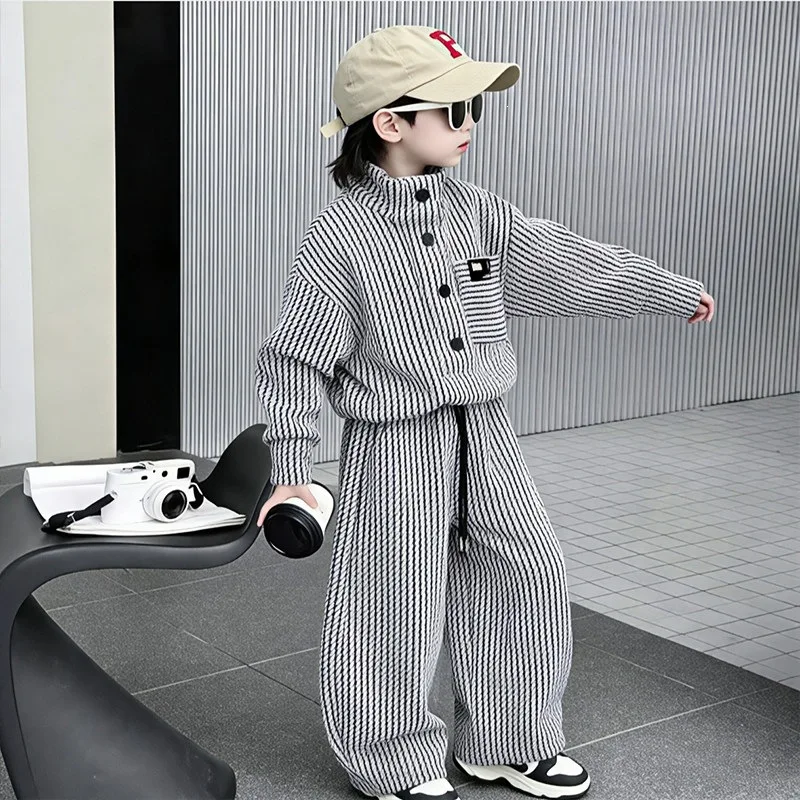 Autumn Outfit High Fashion Children's Clothing Turtleneck Sweatshirt+Pants 2pcs Suit for Boys and Girls Comfortable Stripes Set