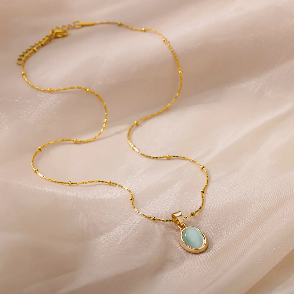 Colorful Stone Opal Oval Necklace For Women Gold Color Stainless Steel Chain Stone Pendant Necklace Classic Aesthetic Jewelry image 5
