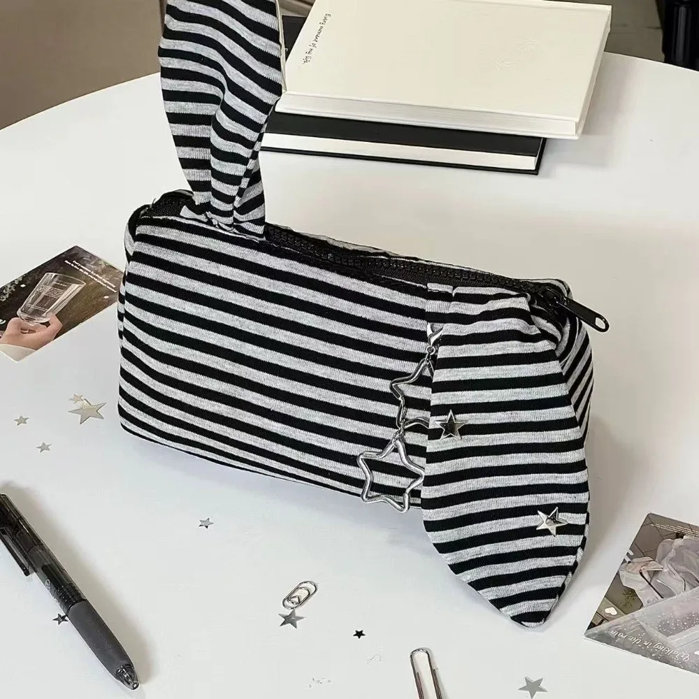 Multi-functional Striped Pencil Case Large Capacity Rabbit Ear Stationery Organizer Clear PVC Vintage Star Pendant Pen Bag