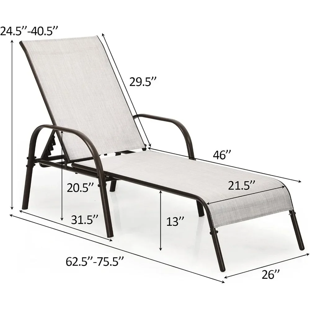 Grey Outdoor Patio Lounge Chair Chaise Lounge Lounger Sunbathing Bed Curved Armrest 5 Adjustable Backrest Positions Steel F