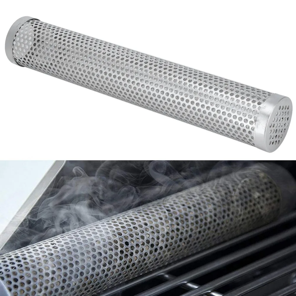 Stainless Steel BBQ Smoker Tube 12 Inch Round Hole Smoker Tube Barbecue Accessory Silver Perforated Mesh Pellet Smoke Box