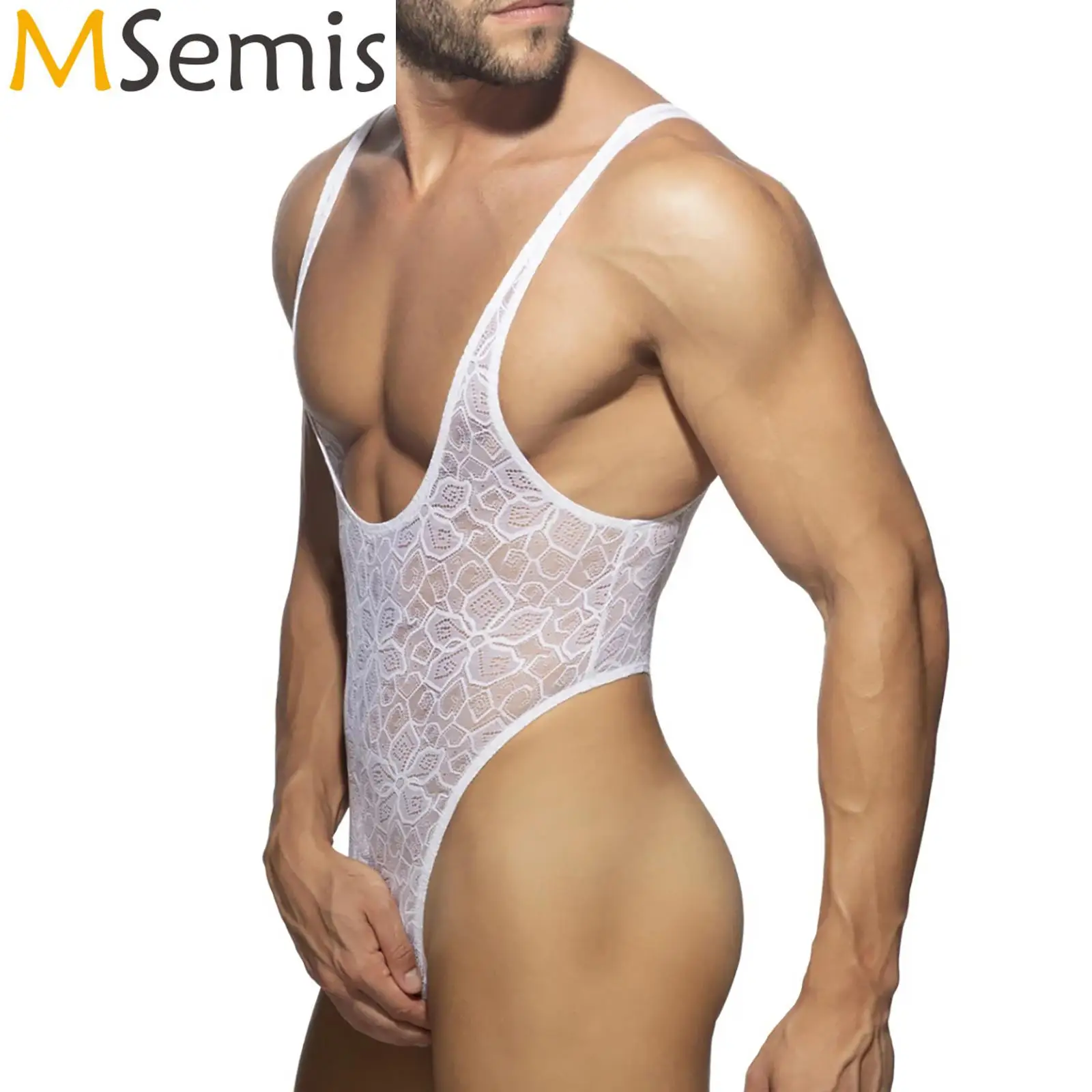 

Mens Lingerie Porno Fishnet Teddies Costume Pattern Transparent Bodysuit Deep Scoop Neck Thong Tight Bodysuit Muscle Nightwear