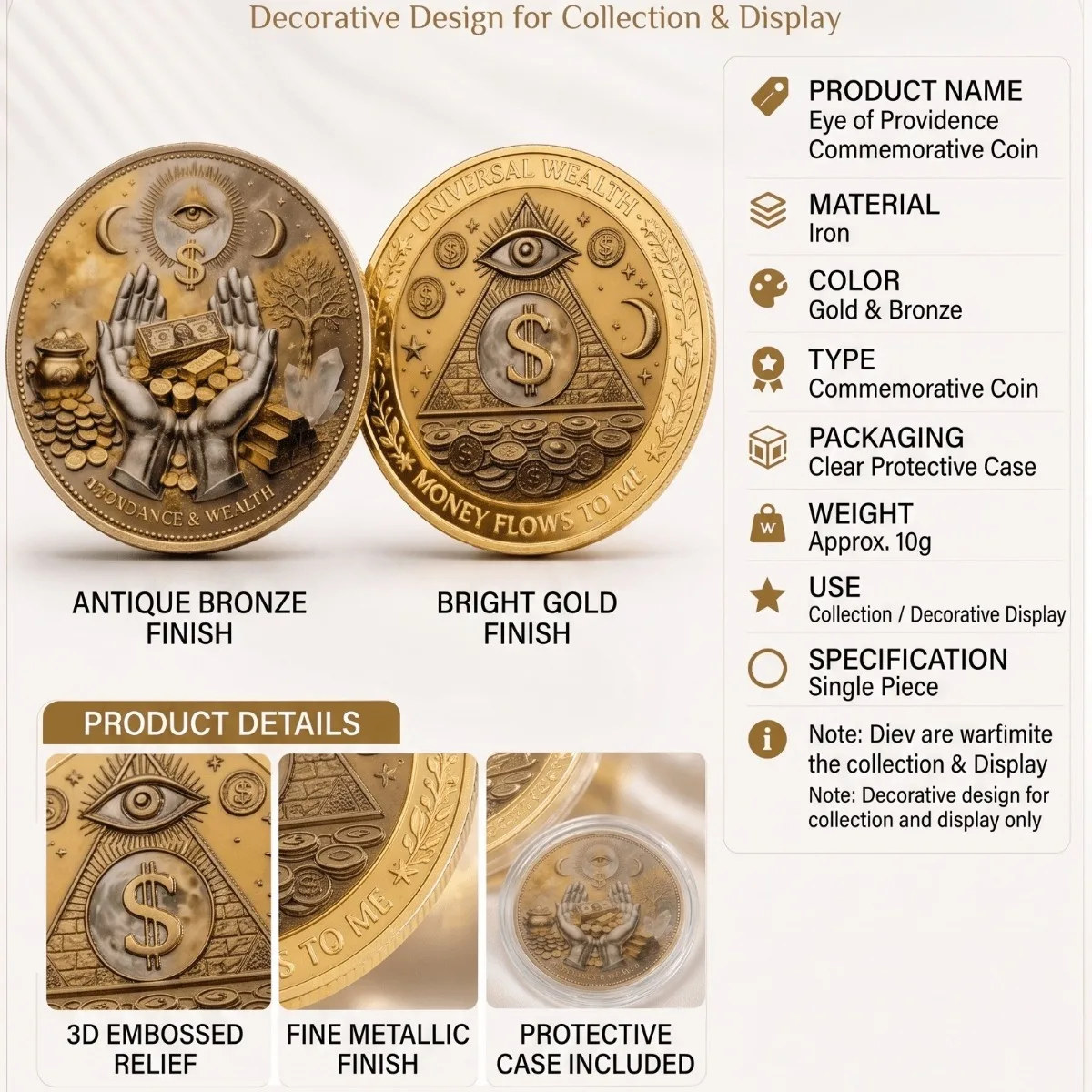 3D Wealth Abundance Coin, All-Seeing Eye Coin, Fortune Charm, Protection Symbol, Drives Away Negative Energy Pocket Gift