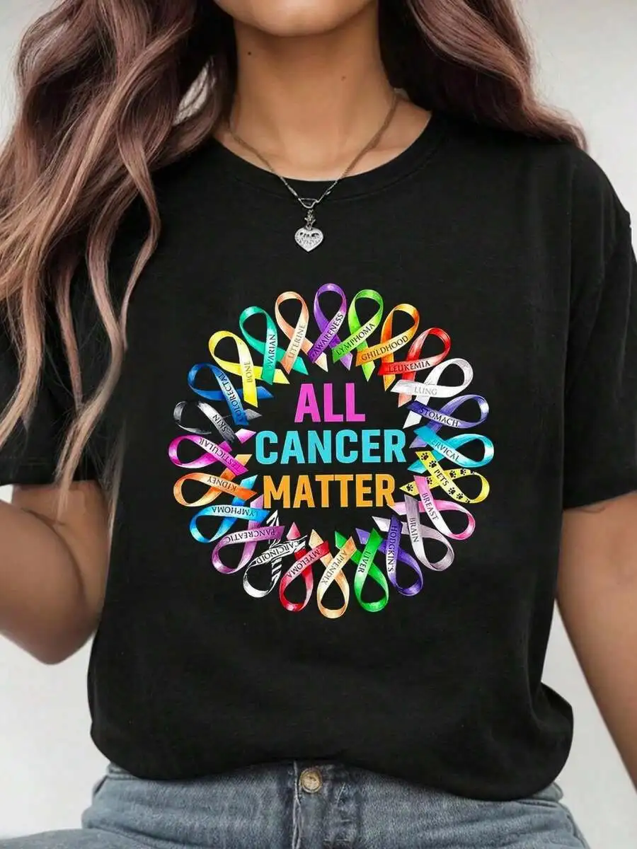 % Cotton All Cancer Matters Colorful Ribbons Cancer Awareness-Shirt Women's Men's Graphic Tee Casual Tops