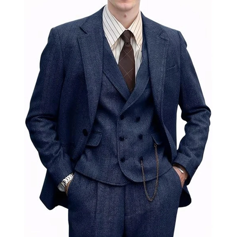 

Retro 3 Pieces Men's Suit Tweed Herringbone Suits for Men Formal Wool Jacket Dress Suit Blazer Vest Pants Wedding Prom Tuxedo