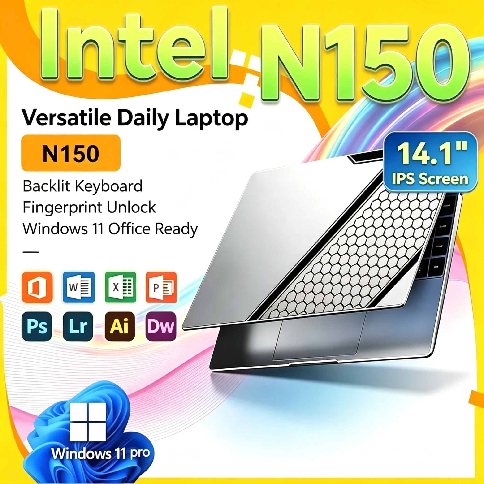 2026 Brand New Intel N150 14.1 Inch Backlit Fingerprint Unlock Laptop Windows 11 Office Study NoteBook Gaming Computer PC
