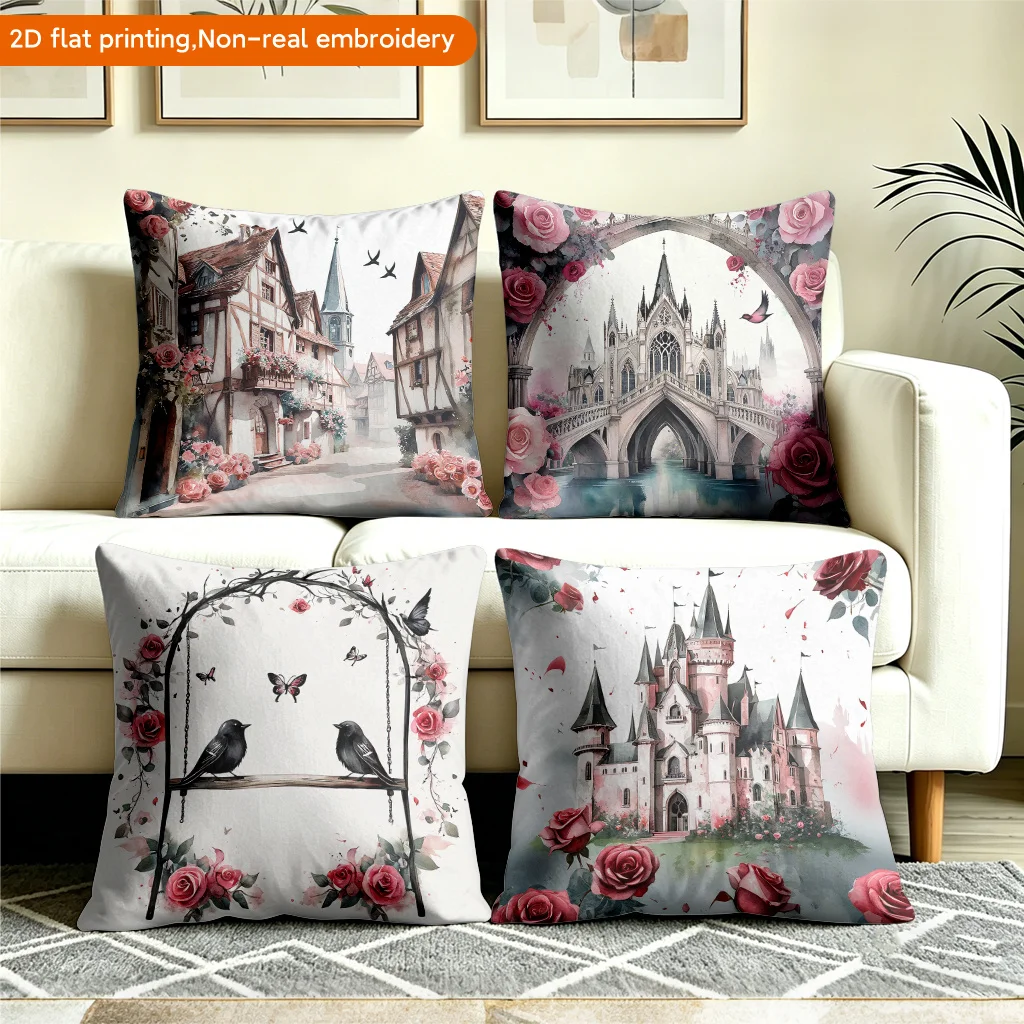 Set of 4 Vintage Gothic Castle European Town Pillow Covers Pink Rose Bird Print Square Cushion Cases For Bed Couch Balcony Fairy
