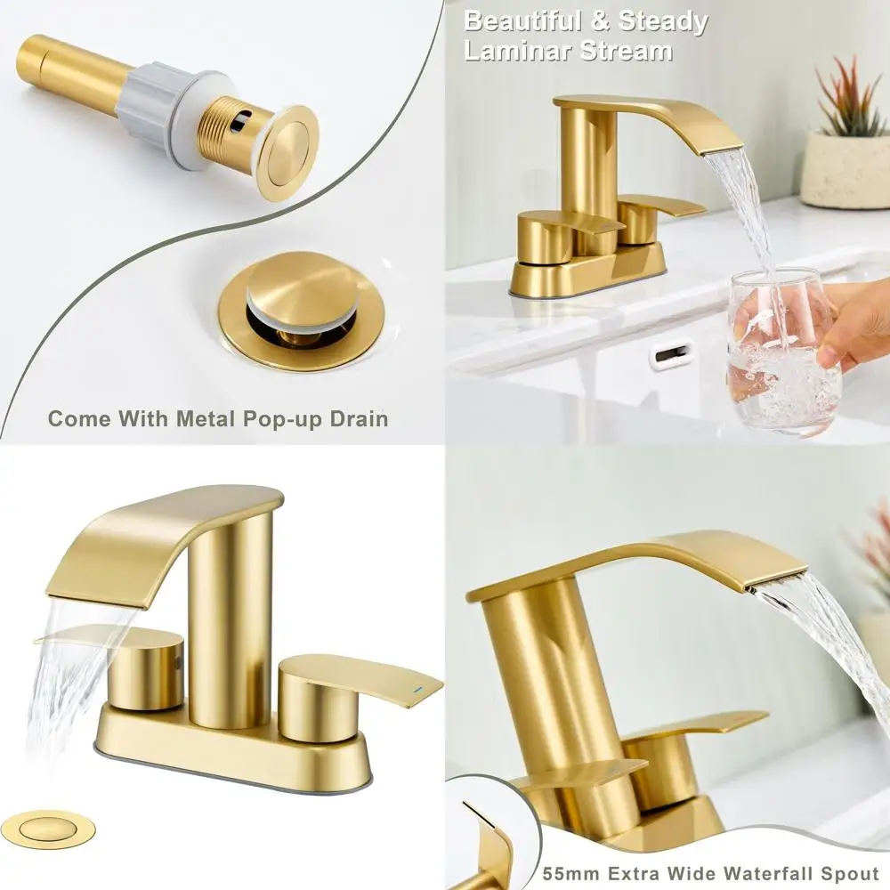 

2-Handle Brushed Gold Bathroom Sink Faucet, 4 Centerset with Pop-Up Drain, Suitable for 3 or 2 Holes, RV Use, US D983,326 S