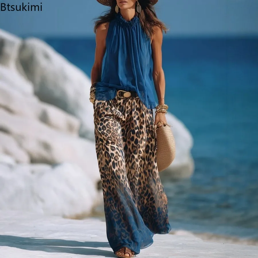 Women Chiffon 2Pcs Set Halter Sleeveless Top Gradient Leopard Print Wide Leg Pants Elegant Summer Beach Vacation Matching Outfit