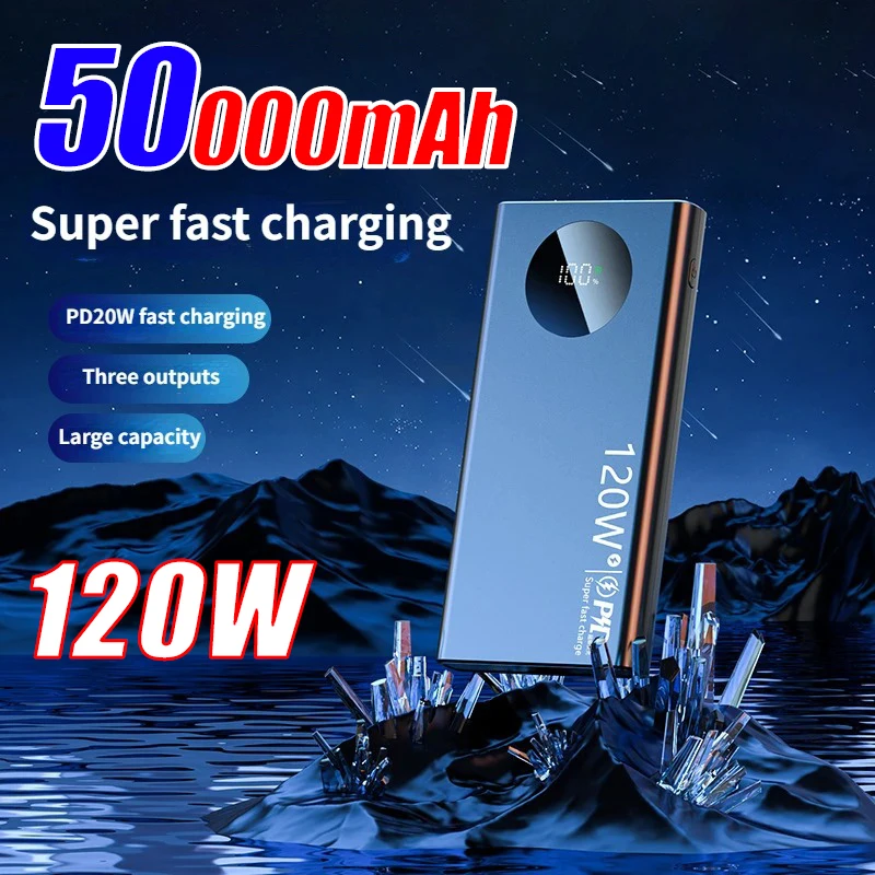 2024 New 50000mAh Portable Power Bank 120W Fast Charger Backup Battery Smart Power Display for IPhone Samsung Xiaomi