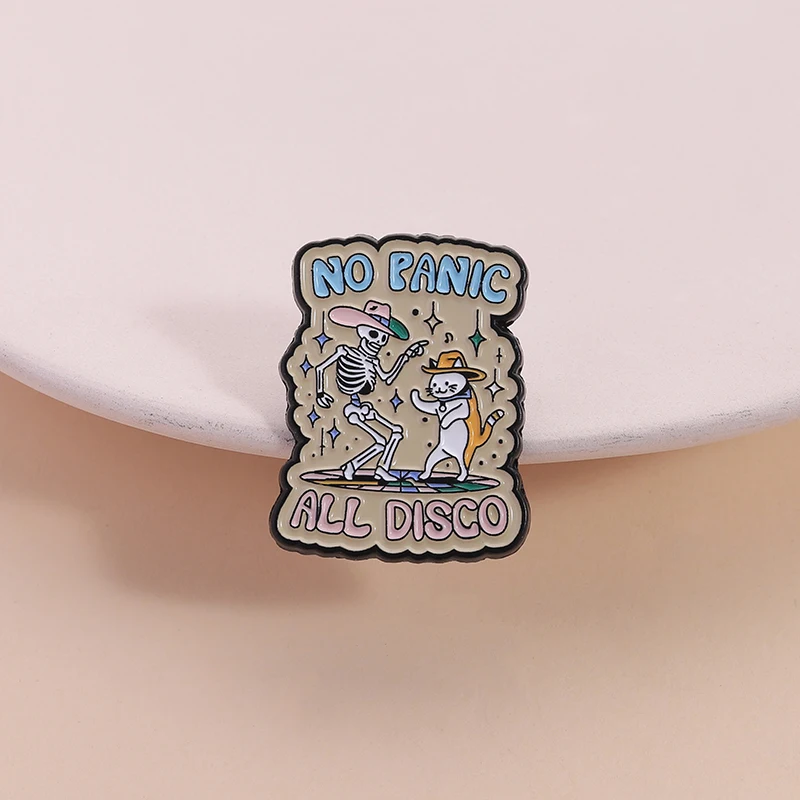 No Panic All Disco Pin Skeleton Cat Dancing Brooch Retro Dance Design Humorous Vintage Style for Backpack Decoration