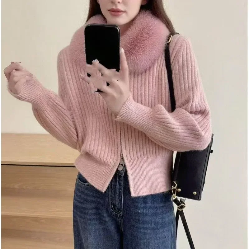 

Однотонные кардиганы, женские кардиганы на молнии, осень-зима, женские свитера с меховым воротником, корейские модные шикарные теплые толстые Sueteres