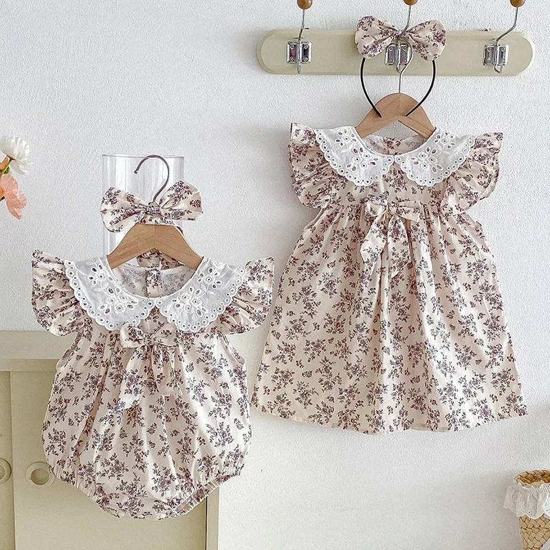 

Новое летнее платье для девочек 2-7 лет на день рождения, с рукавами-крылышками, хлопковое, с принтом, комбинезон, детские платья принцессы, одежда для сестер