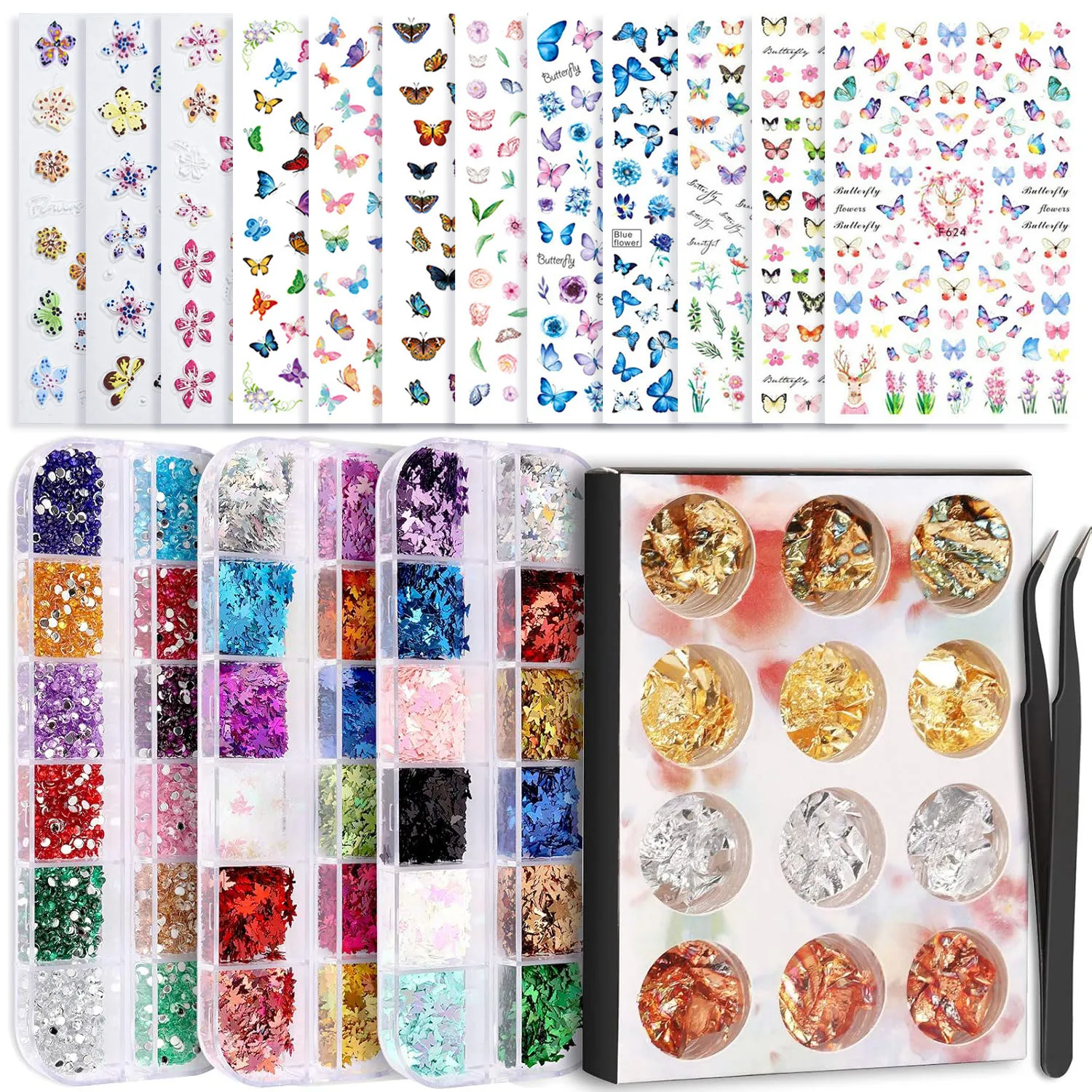 

Nail Art DIY Decoration Kit, Includes Stickers/Gold Foil/Glitter/Rhinestones and Tweezers for Nail Salons or Home Manicures