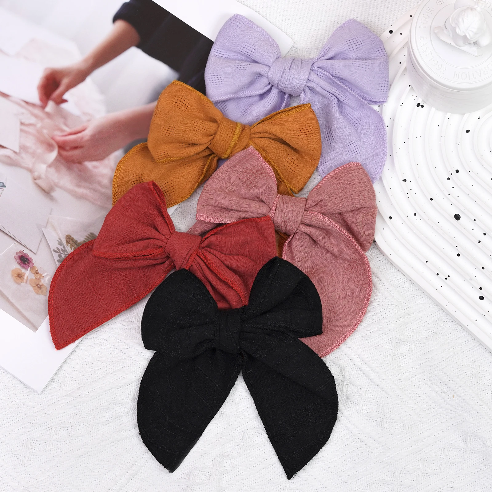 5Pcs 5Inch Girls Lovely Candy Solid Color  Bows Hair Clips 100% Cotton Bow Barrettes Kids Child Hair Accessories Headwear