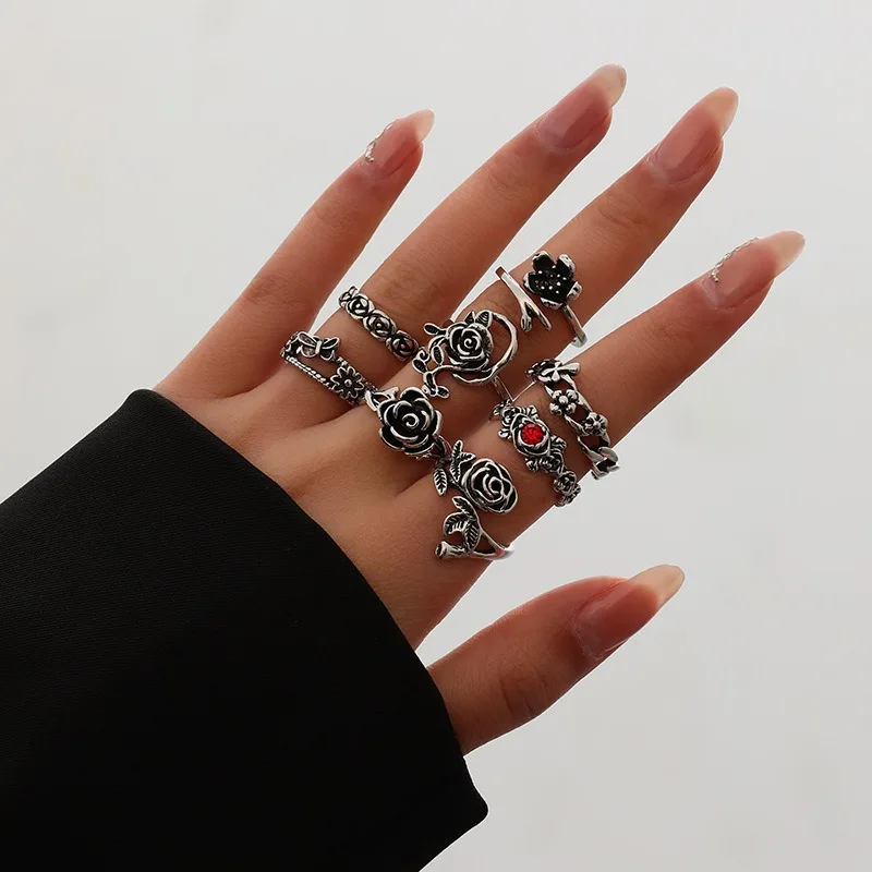 

Niche Thai Silvery Vintage Flower Opening Ring, Personalized Hip Hop Rose Tail Ring