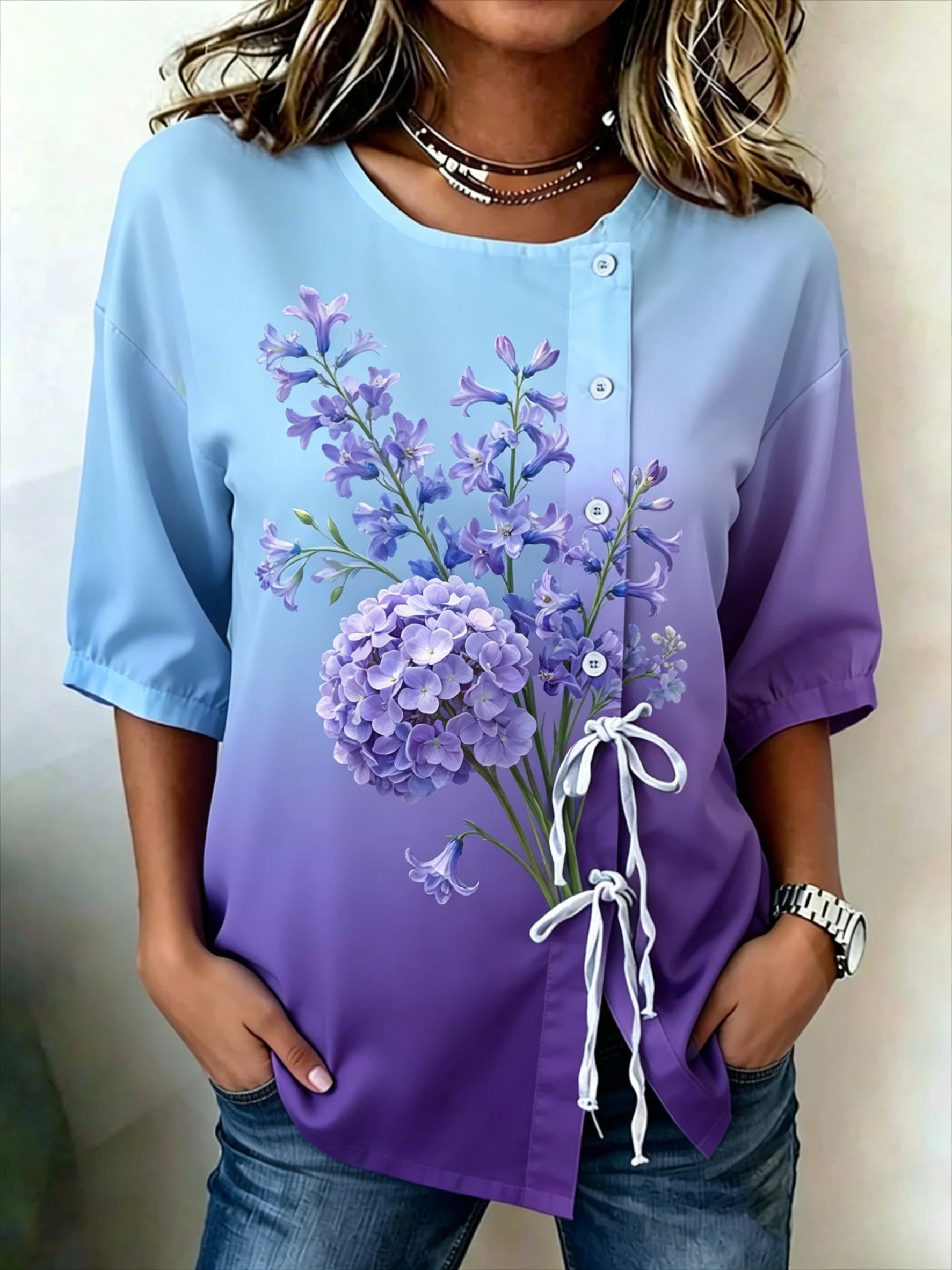 Women's Ombre Floral Print Drawstring Button Up Blouse, Casual Round Neck Tops for Spring Summer Daily Vacation Wear