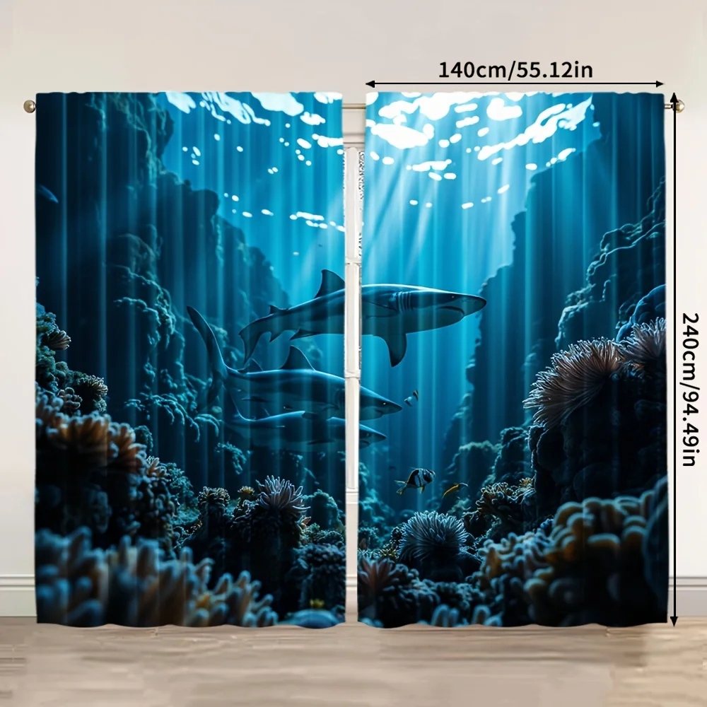 2pcs Shark Curtains Underwater Ocean Coral Reef Print Drape Kids Room Marine Life Window Treatment Blue Sea Decor Panels