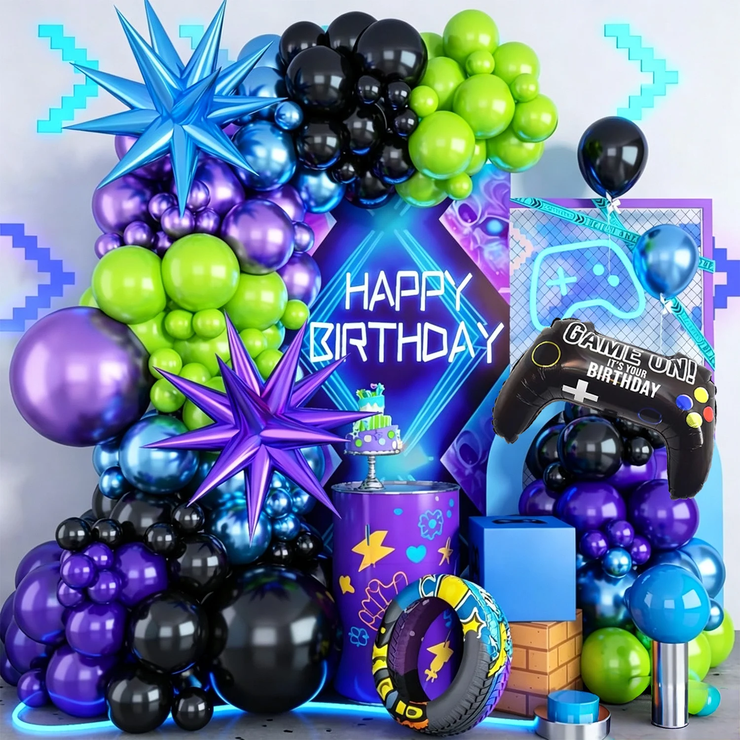 Blau Lila Schwarz Grün Latex-Ballon-Girlanden-Set mit Controller Sternballons für Videospiel-Abend Geburtstagsparty-Dekoration