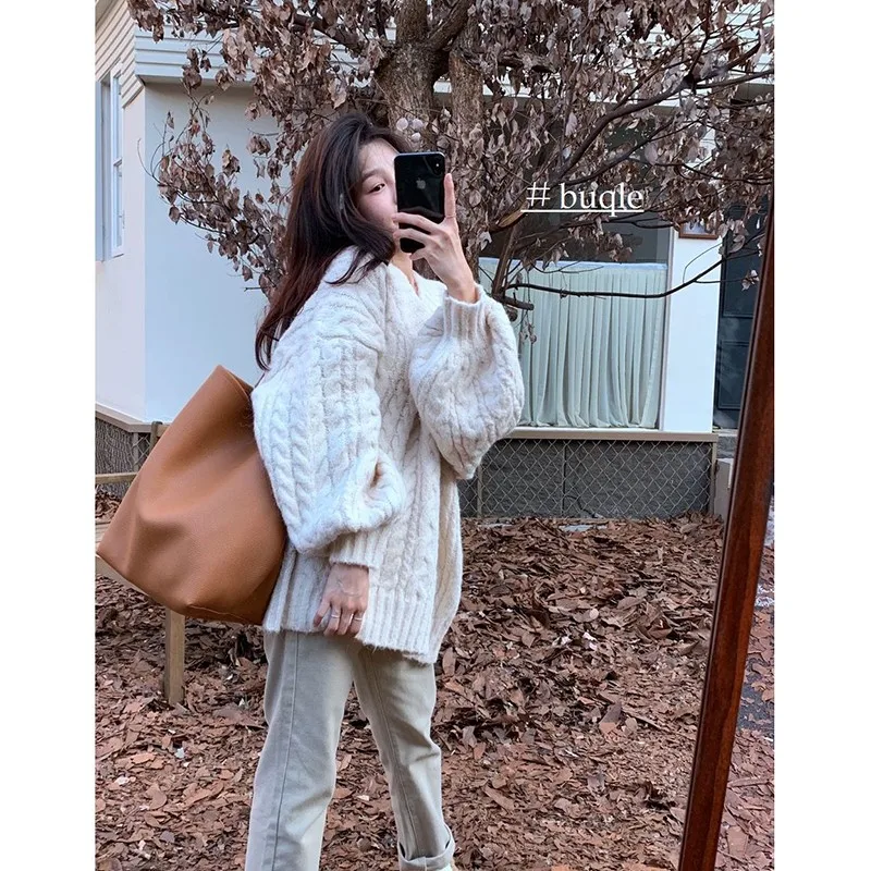 

2022 New Arrival Autumn Winter Women Loose Casual V-neck Long Sleeve Pullover All-matched Thickening Warmth Knitted Sweater P881