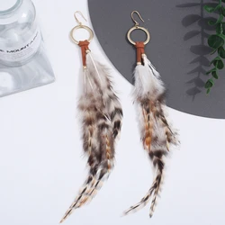 Bohemian long feather design hanging earrings, loop shaped retro earrings, holiday holiday earrings