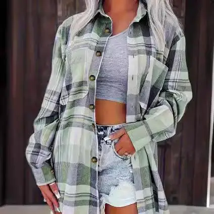 

Женская рубашка в клетку больших размеров с длинным рукавом, 100% хлопок, полосатый узор, зимняя коллекция, не даётся усадке