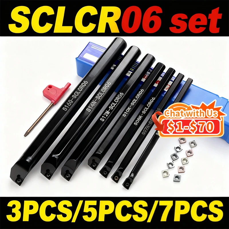 1pcs S07K-SCLCR06+1pcs S10K-SCLCR06+1pcs S12M-SCLCR06 Lathe Holder Turning Tool Boring Bar 7/10/12/16mm + 10pcs CCMT0602 Inserts