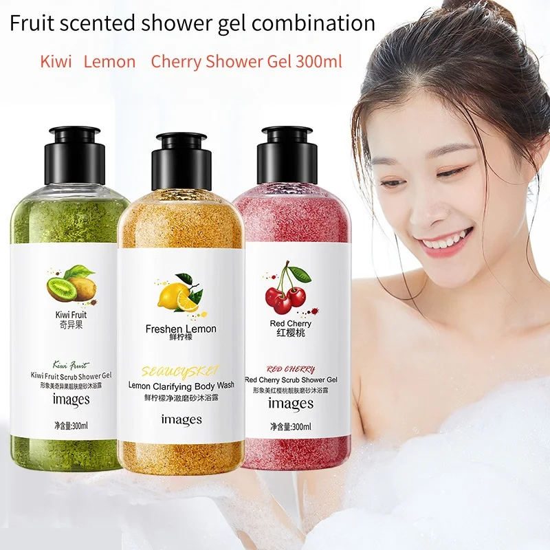 Fresh Fruit Purifying Scrub Shower Gel 300ml, with Kiwi Fruit Extract, Cherry Fruit Extract, Lemon Fruit Extract, Etc., for a Delicate, Cleansing, and Lightly Scented Experience. the Scrub Texture Is Refreshing and Moisturizing, Replenishes Skin Moisture, Makes Skin Smooth and Delicate, Cleanses Deeply, and Leaves Skin Feeling Light and Soft ﻿
