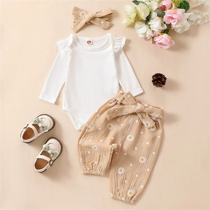 Toddler Baby Girls 3PCS Pants Sets White Long Sleeve Ruffle Romper Daisy Print Belted Pants Headband Children\'s Clothing Sets