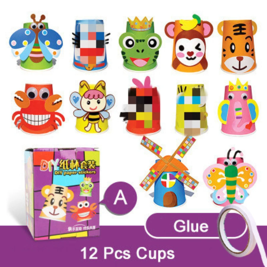 DIY Handmade Paper Cups  12pcs Sticker Material Kit Whole Set Kids 12 Animal Patterns Kindergarten Educational Toys