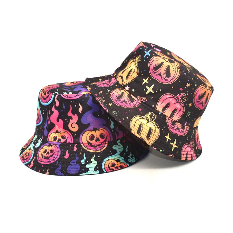 

2023 Four Seasons Cotton Cartoon Pumpkin Print Bucket Hat Fisherman Hat Outdoor Travel Sun Cap for Men and Women 199