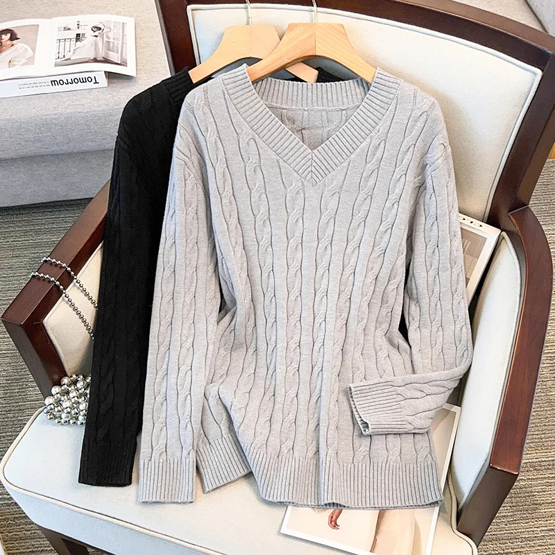 170Kg Plus Size Women's Bust 160 Spring Autumn Winter Loose V-Neck Pullover Sweater Knitted Black Gray 4XL 5XL 6XL 7XL 8XL 9XL