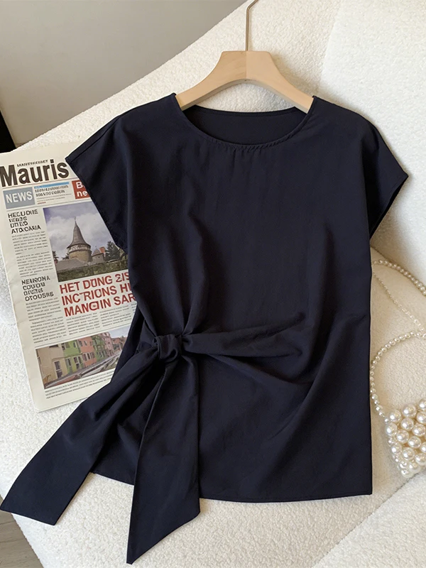 

Slimming Pure Color Design Sensation Asymmetrical Tie Short Sleeve Shirt for plus Size Women Summer New Style Cover Belly Wai...