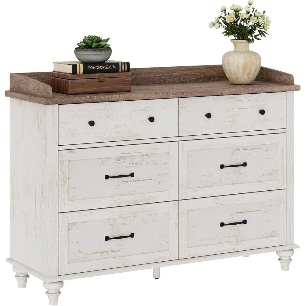 

Комод с 6 ящиками в деревенском стиле, белый, для детской комнаты, с широким органайзером для хранения, для гостиной, детской и прихожей