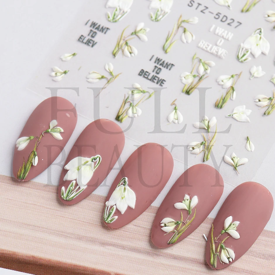 5D Schneeglöckchen geprägte Nagellack Aufkleber Tulpe Campanula Blumen Charms Aufkleber elegante florale strukturierte Maniküre Acryl Wraps