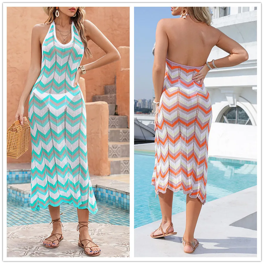 Cover Ups For Swimwear Women Dress Bathroom Ladies 2024 And Up Saida De Praia Feminino New Knitted Wave Stripe Beach Sexy