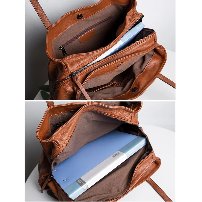 Multi Layer Large Handbags Genuine Leather Women Bag Soft Thick Cowhide Shoulder Bags Lady Can Put A4 files Work Tote Luxury Bag