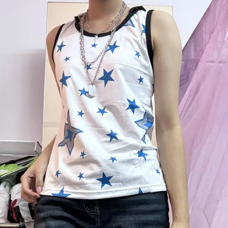 

Subculture Y2k Sleeveless Top with Hooded Halter White Chic Fashion Women Vest Female Star Print Sexy Streetwear Casual T Shirts