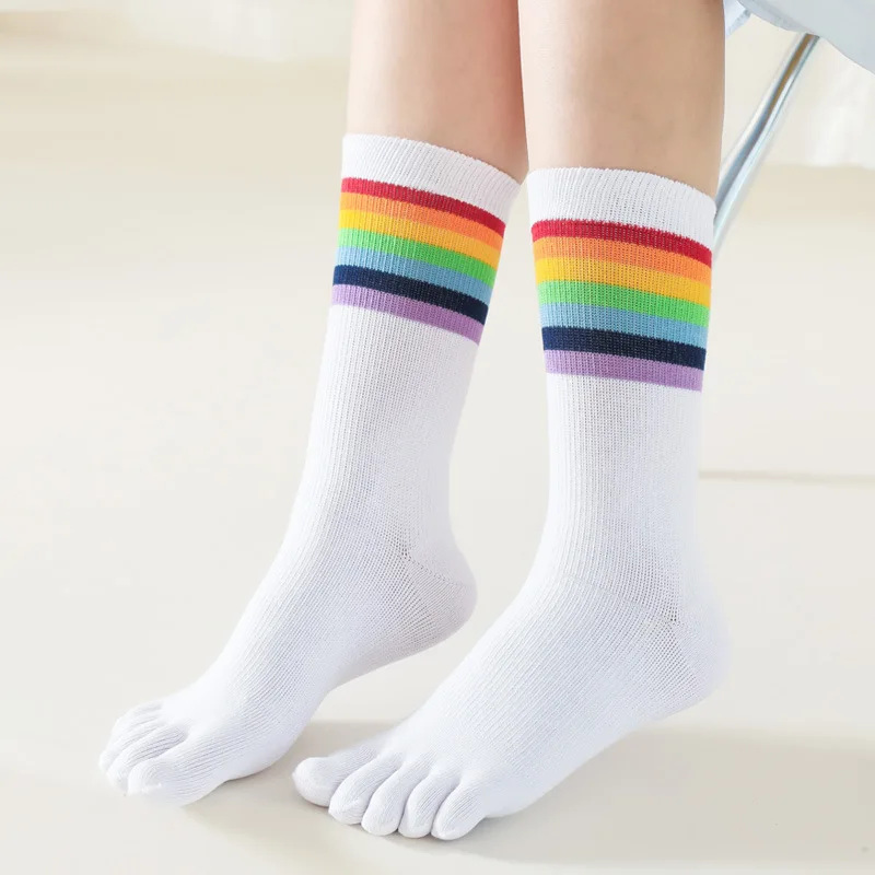 Fashion Rainbow Socks with Toes Woman Mid-calf Striped Black White Cotton Sock Korean Style Sport Compression Five Finger Socks