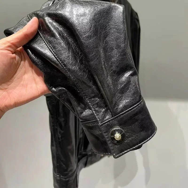 المرأة الربيع س الرقبة طوق نفخة الأكمام سترة جلدية حقيقية قصيرة طول أورورا الجلد 2025 جديد وصول معطف الموضة