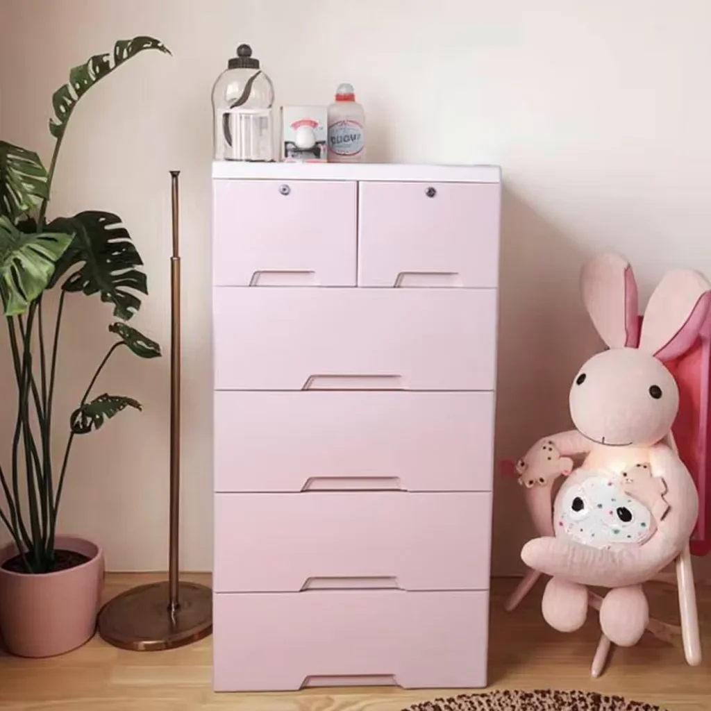 

5 Tier Eco-Friendly Plastic Storage Cabinets Lock Wheels Toy Clothes Storage Box for Home Use